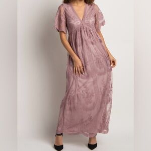 Pinkblush Mauve Lace Mesh Overlay maternity Maxi Dress size L embroidered floral